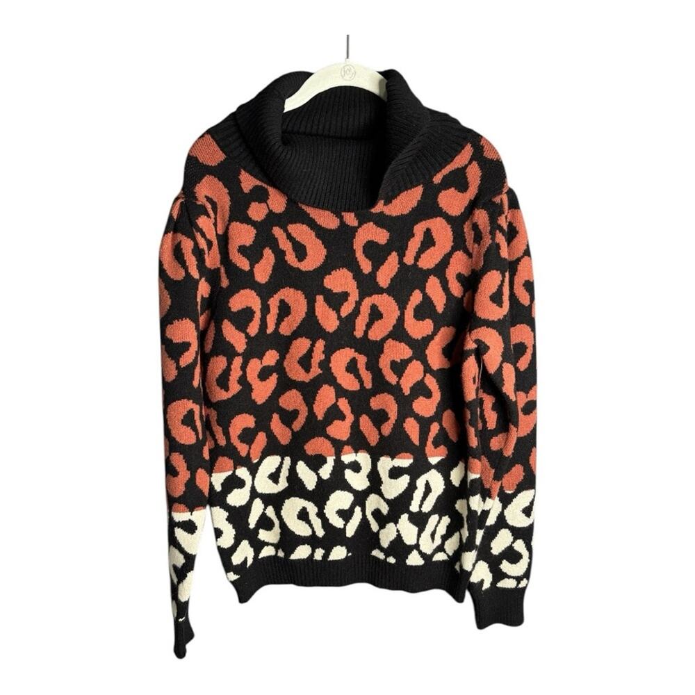 Skies are Blue Brown Black Leopard Print Turtleneck Sweater Small